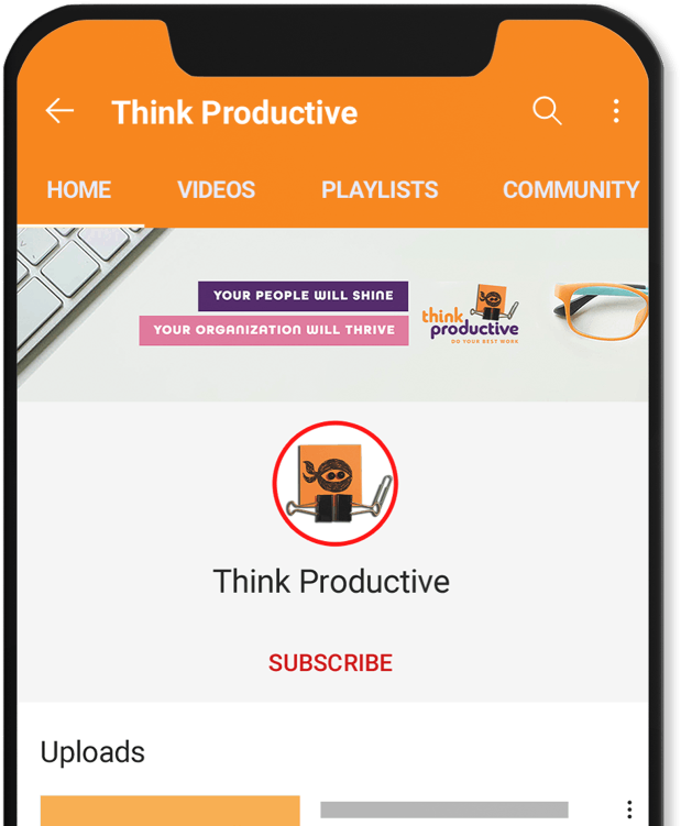 A smartphone device displays the Think Productive YouTube channel
